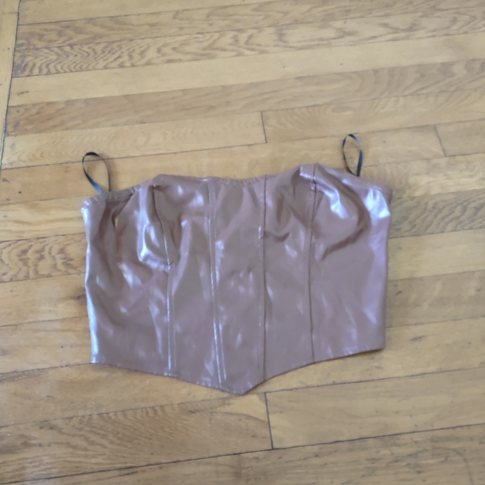 brown faux leather PU zip up corset top from shein size medium festival western